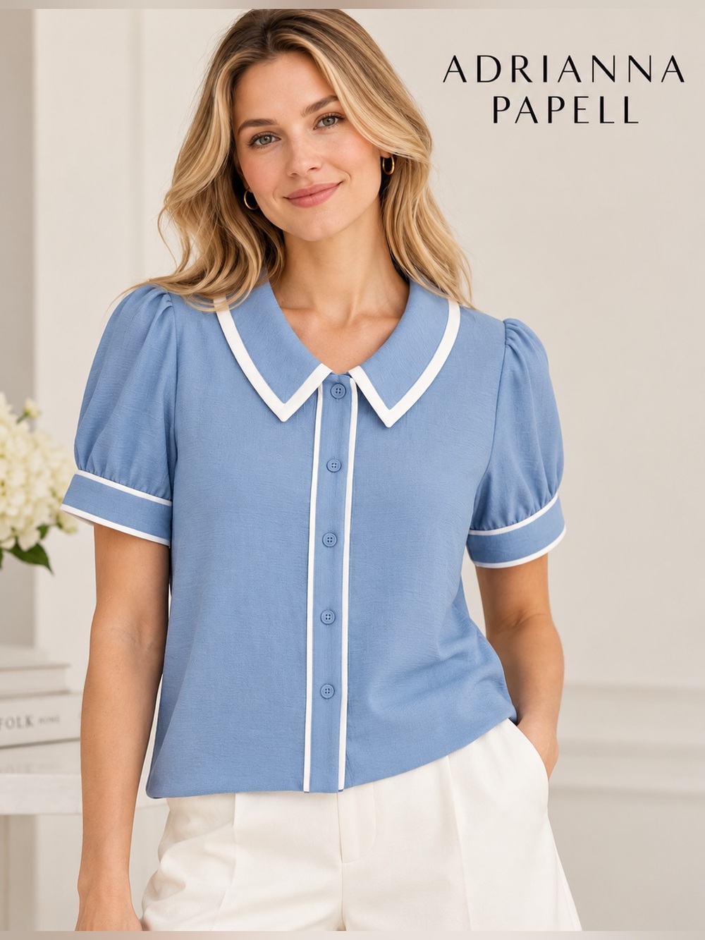 NWT ADRIANNA PAPELL Puff Sleeve Sailor Collar Blouse